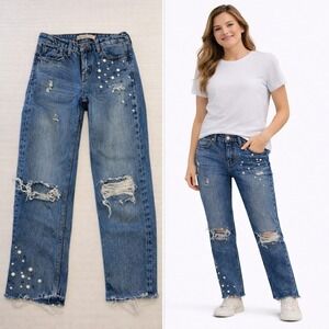 Zara Basic Z1975 Distressed Pearl Embellished Straight Leg Jeans Blue Womens 00